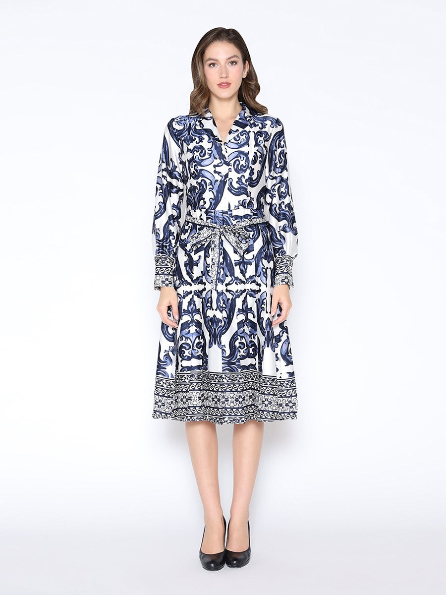 Floral Long Sleeve Tie Belt Dress Lapel Collar Gracia D36953