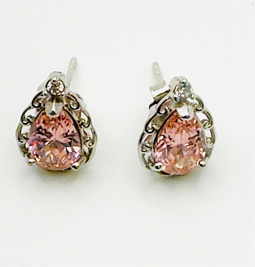 Pink CZ Rhodium Plated Sterling Silver Stud Earrings 925 Silver Amtikiss Casuals