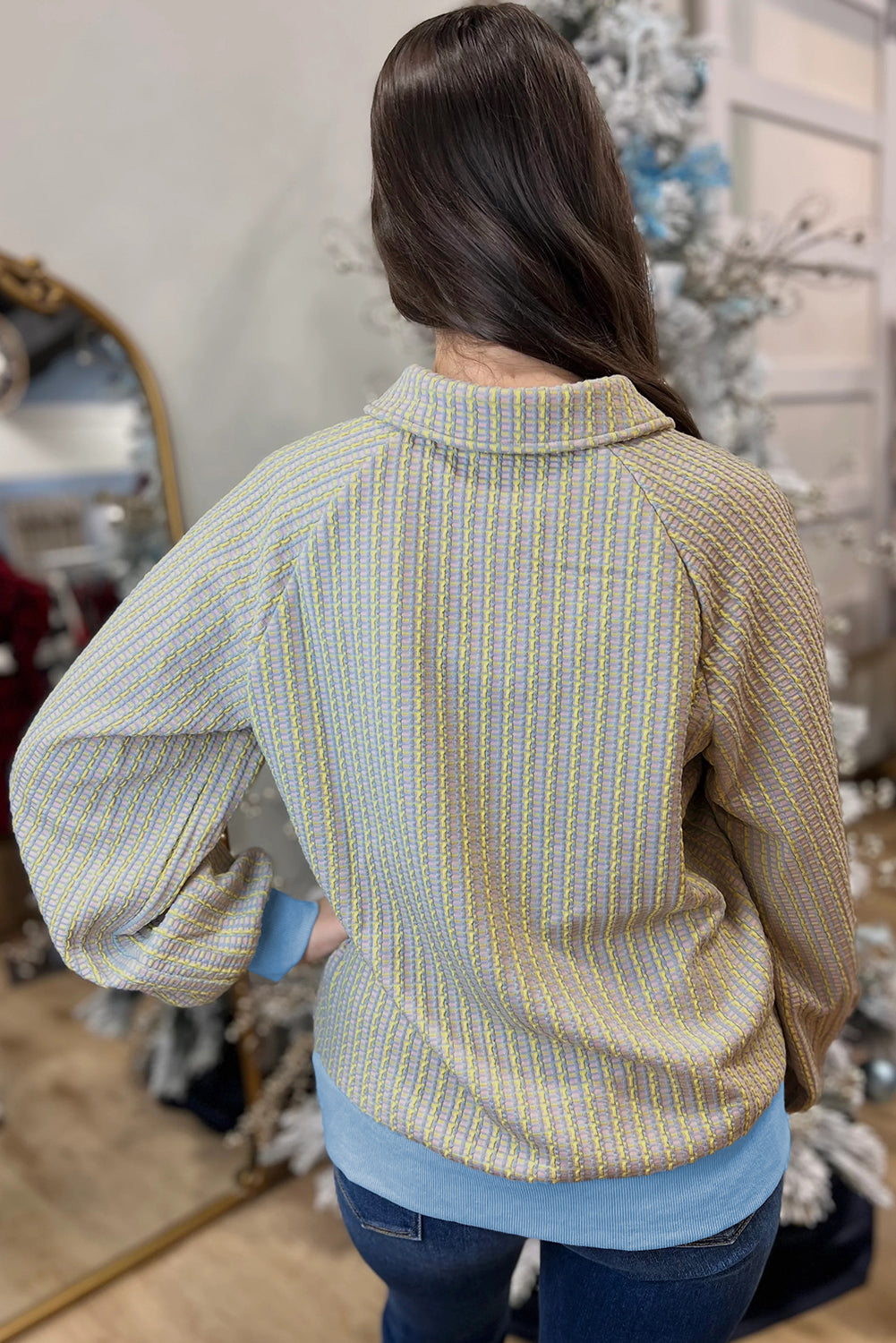 Jacquard Button Front Henley Sweatshirt Medium Elasticity Beau Blue