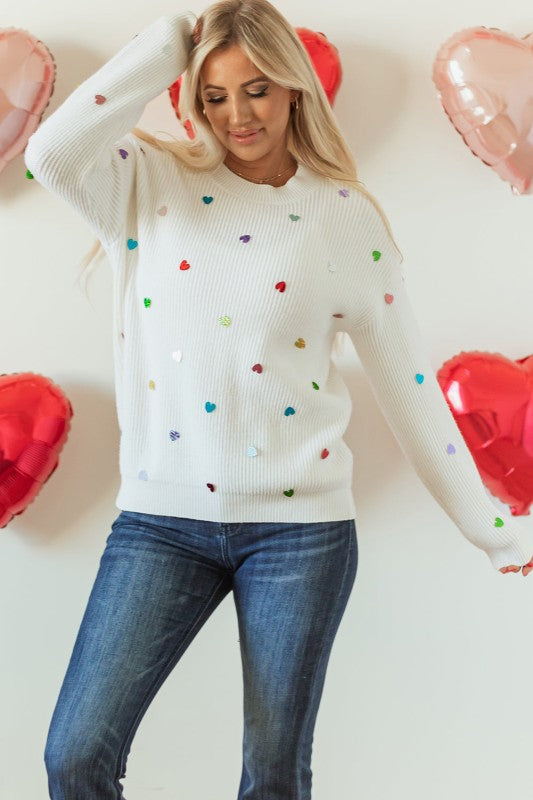 Heart Sequin Waffle Knit Crewneck Sweater