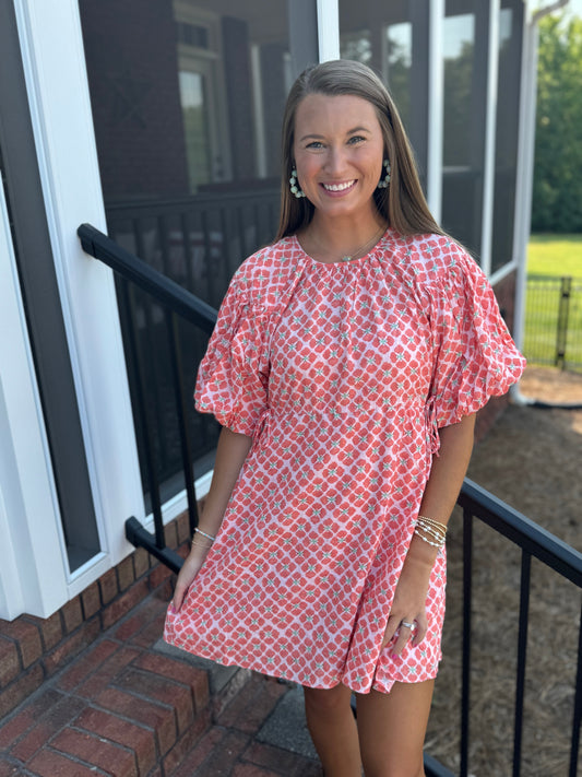 Printed Puff Sleeve Tie Waist Dress