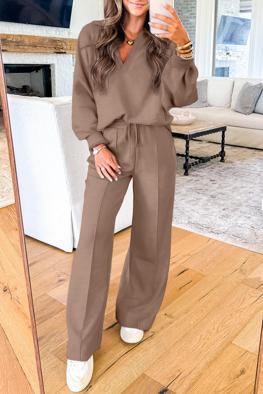 Dark Khaki V Neck Pullover and Drawstring Sweatpants Set