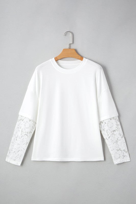 Lace Insert Long Sleeve Drop Shoulder Tee