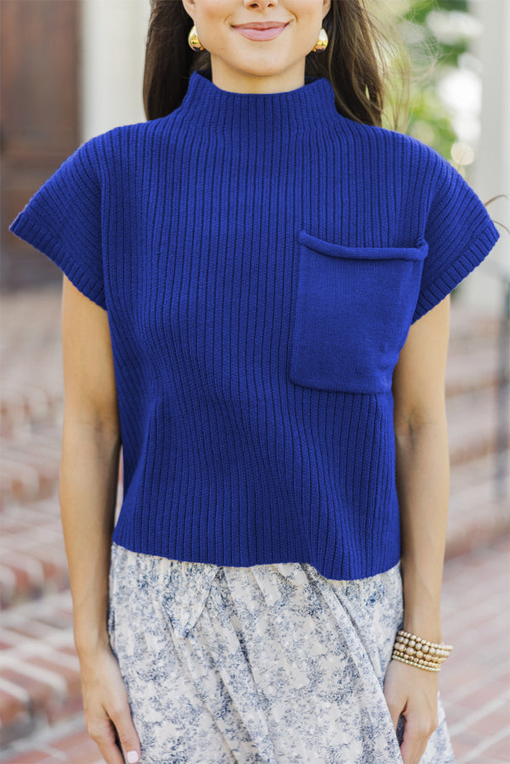 Dark Blue Ribbed Knit Short Sleeve Sweater