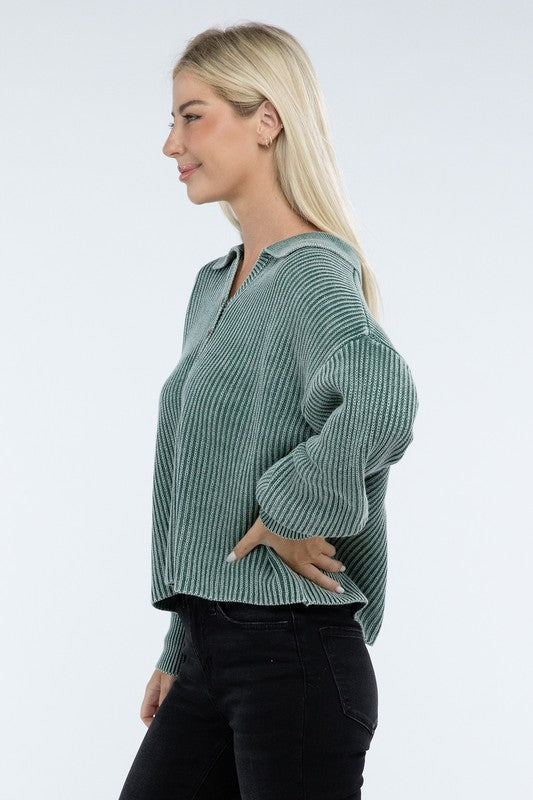 Washed Collared Henley Sweater Low Gauge Heavyweight Sweater