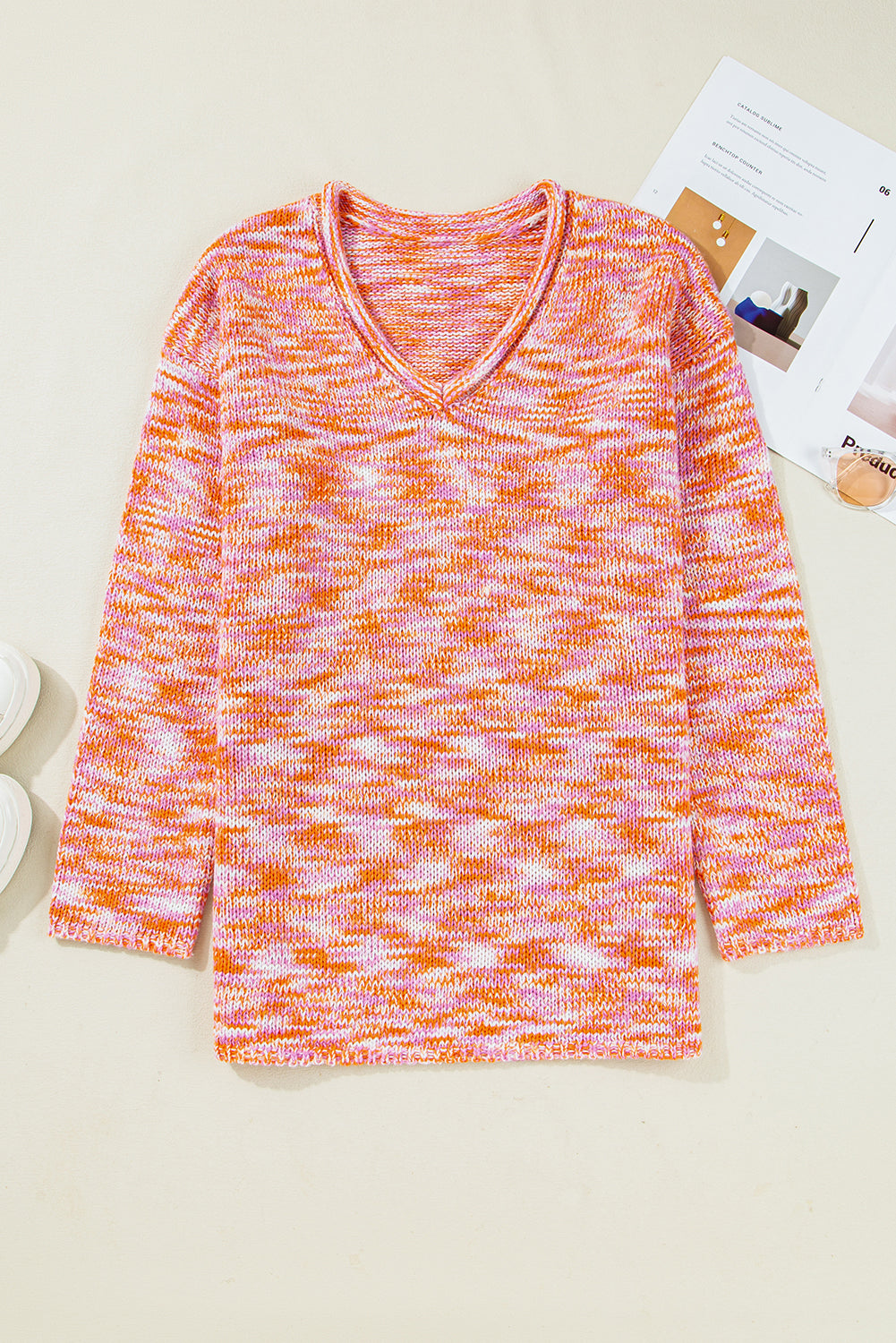 Orange Vibrant Abstract Print Oversized V Neck Drop Shoulder Sweater