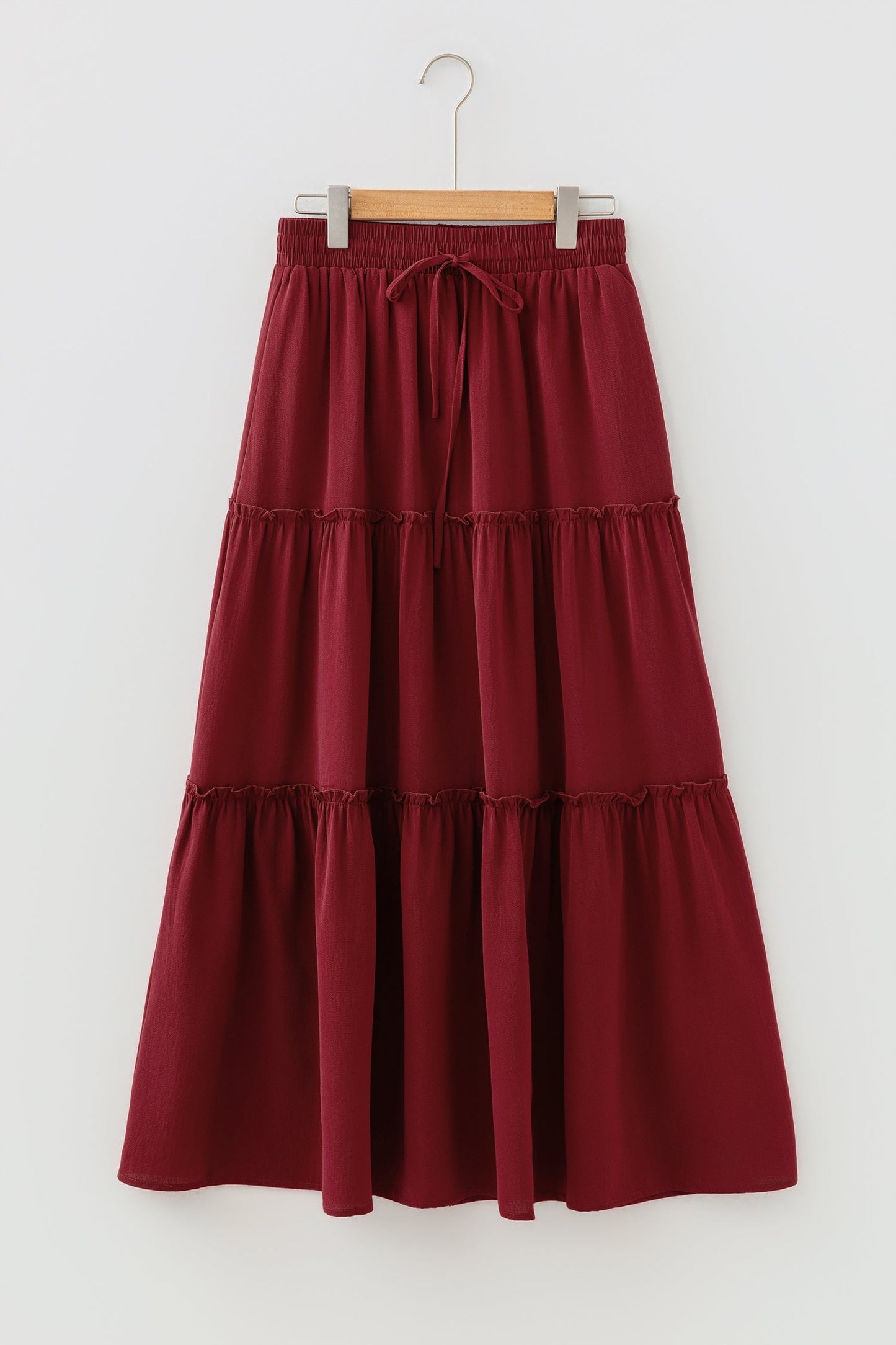 Fiery Red Black Frill Tiered Maxi Skirt Drawstring Waist