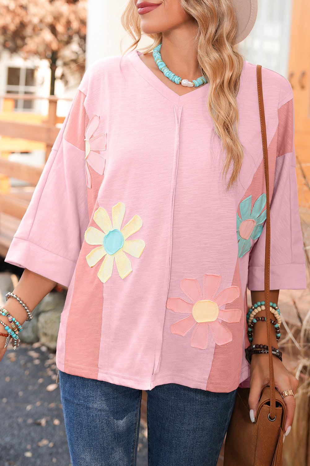 Green Flower Patched Exposed Seam 3/4 Sleeve Top