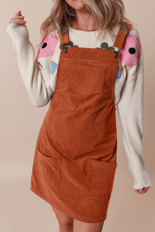 Solid Corduroy Front Pocket Sleeveless Overall Dress