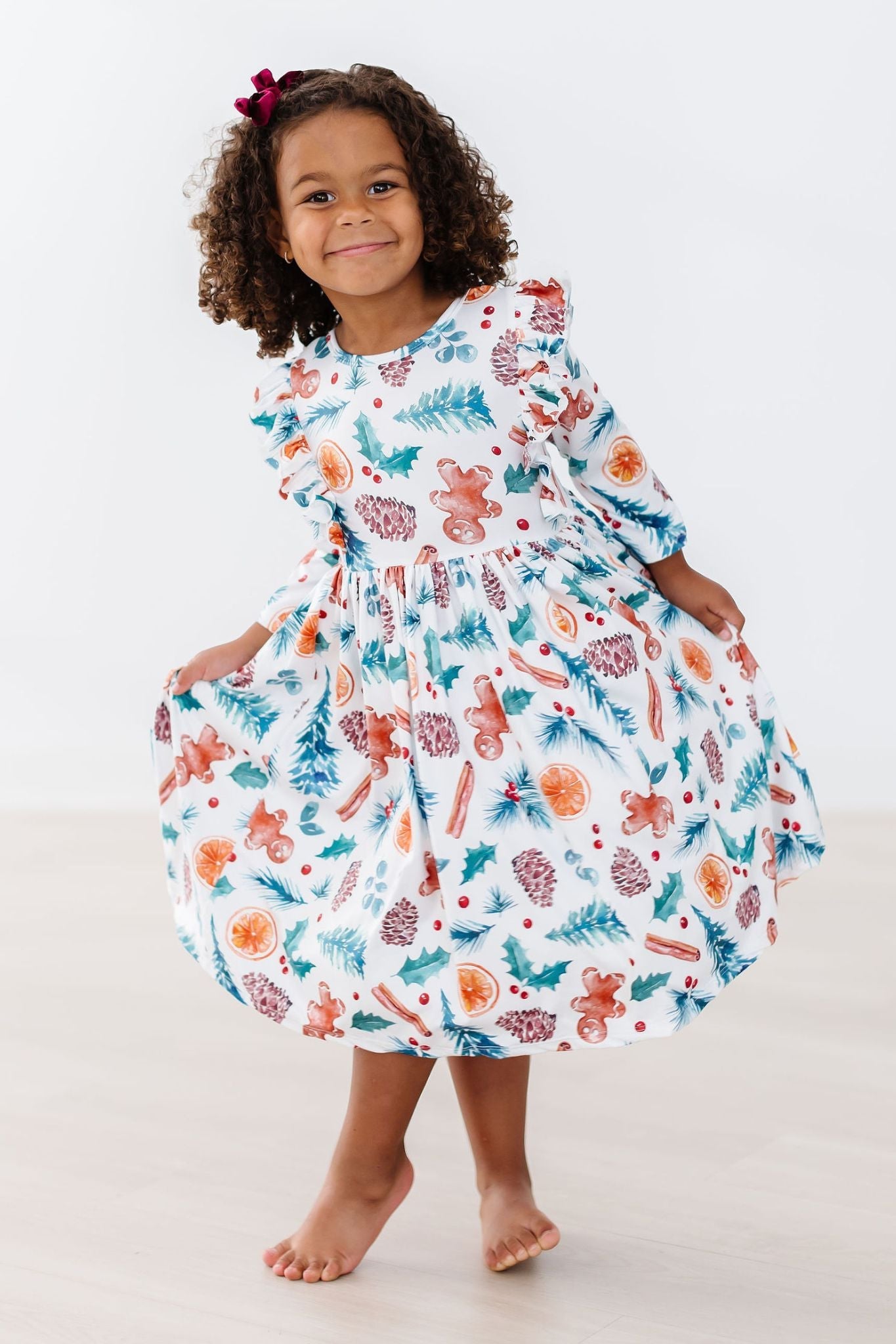 Classic Christmas 3/4 Sleeve Ruffle Twirl Dress Mila & Rose