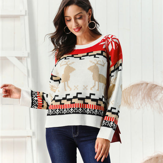 Women's Christmas White Crew Neck Pullover Sweater