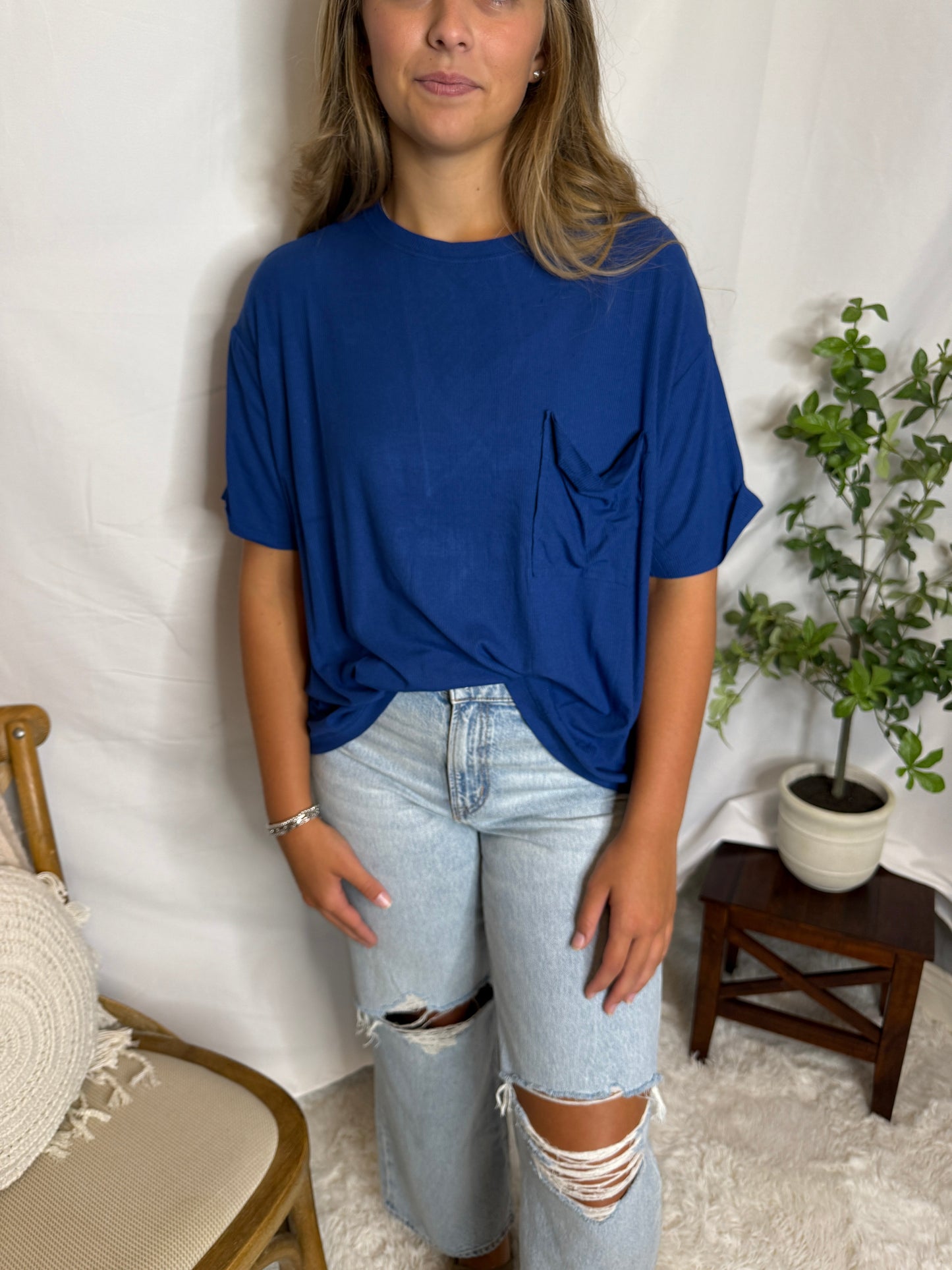 Ribbed Pocket Blue Oversized Tee