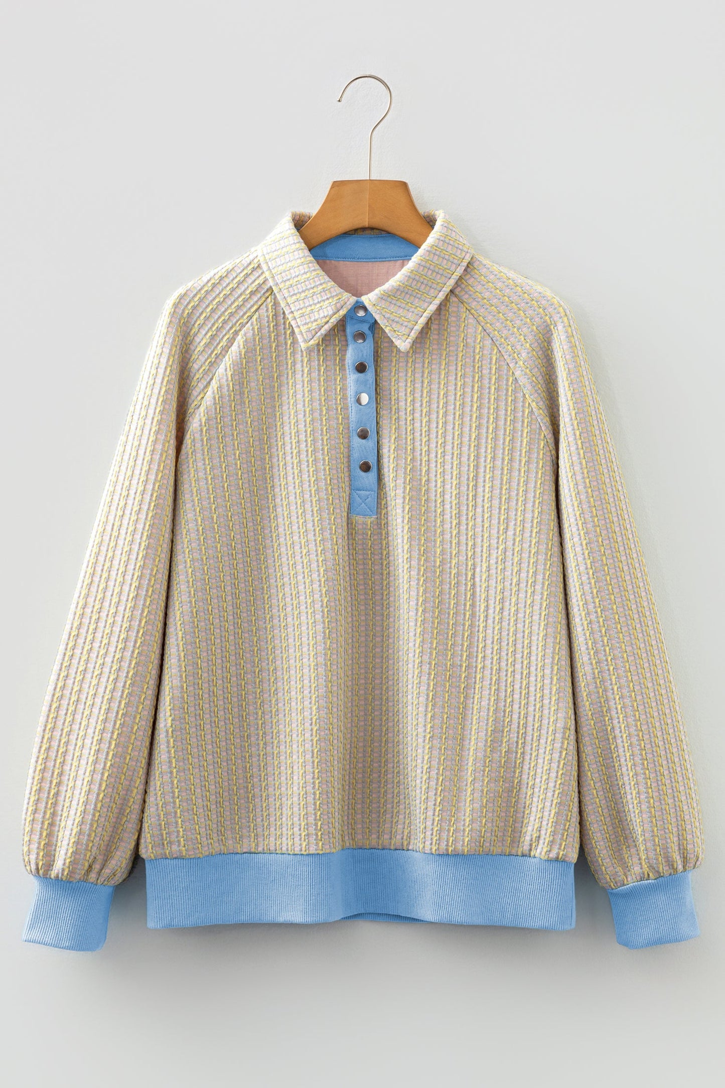 Jacquard Button Front Henley Sweatshirt Medium Elasticity Beau Blue