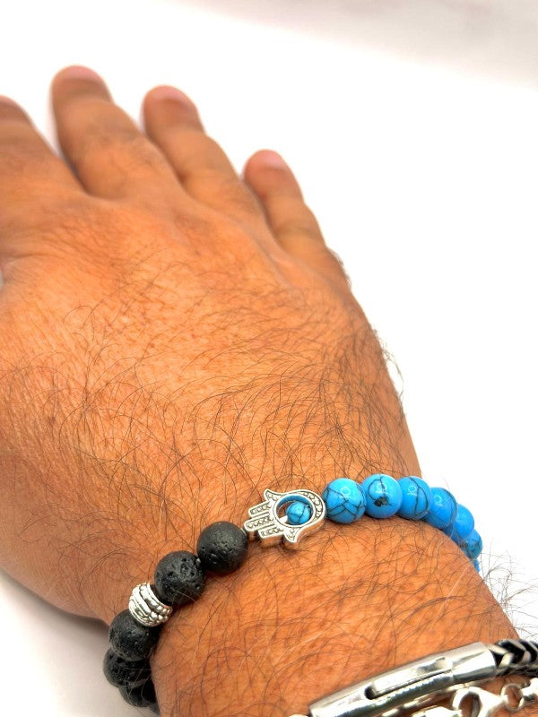 Hamsa Black Lava & Blue Howlite Beaded Bracelet The Diamond Empire LLC