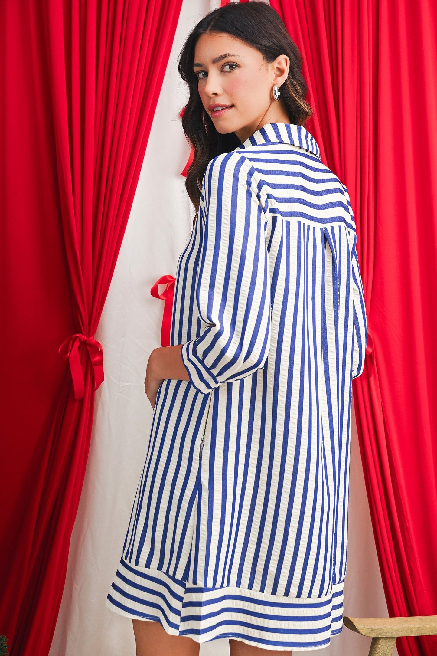 Blue Striped Loose Fit Mini Dress with Side Pockets Half Button Collared