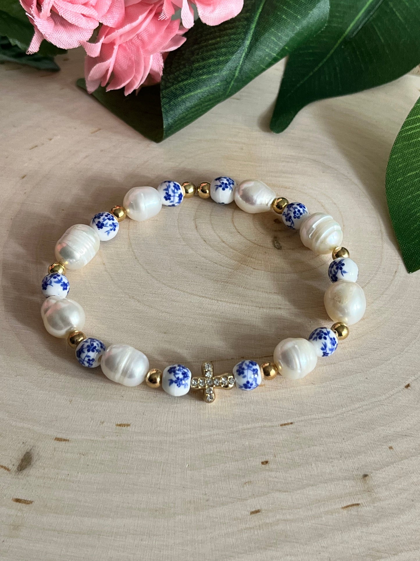 Floral Pearl Cross Bracelet Christian Jewelry for Women Saved By Christ Design