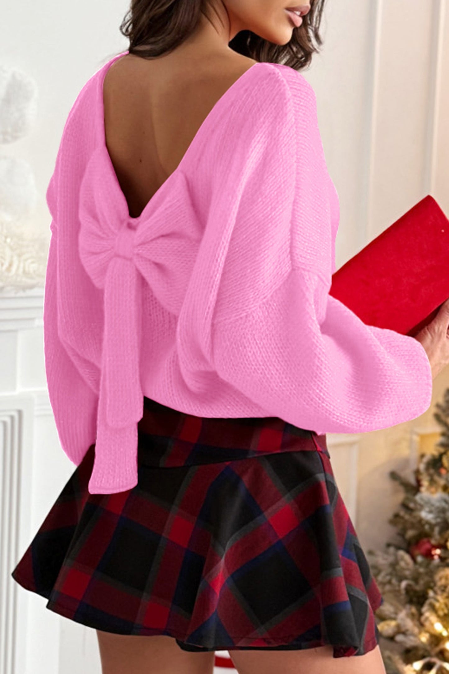 Black Bow Backless Bubble Sleeve Sweater