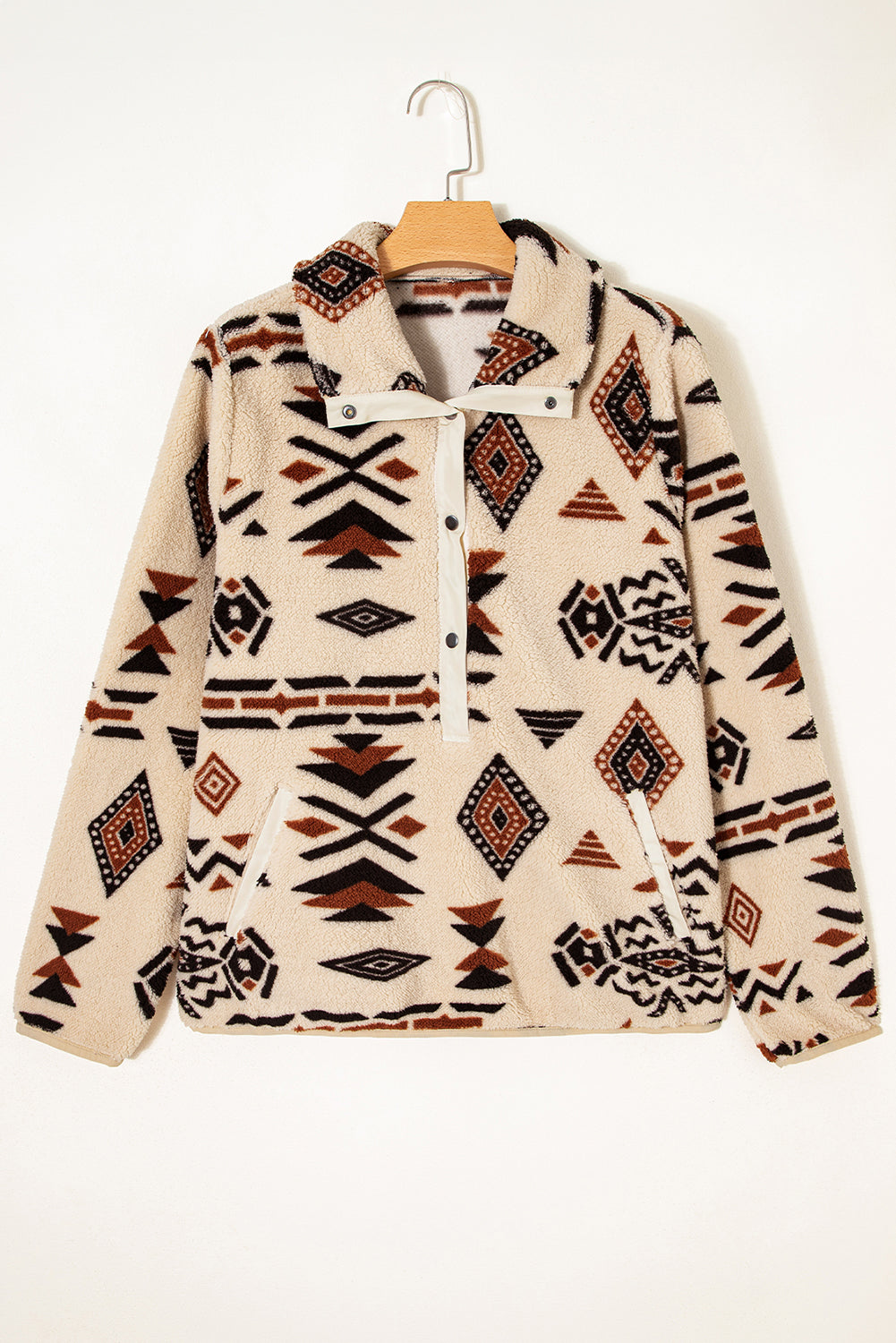 Beige Western Aztec Plush Half Zip Sweatshirt