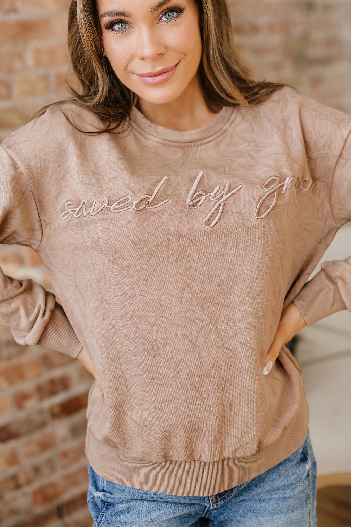High-rise Mineral Wash Loose Sweatshirt Letter Embroidery