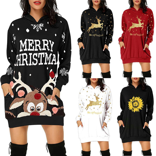 Printed Mid-Length Pocket Hooded Long-Sleeved Sweater