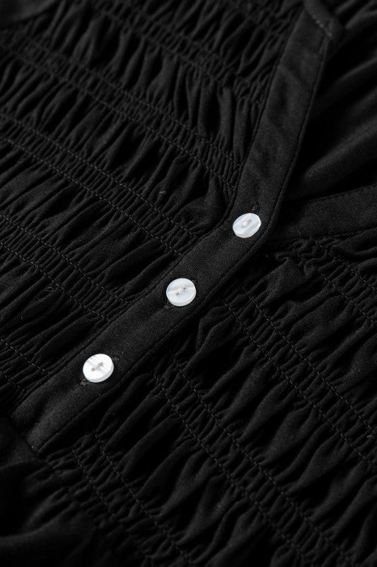 Smocked Split V-Neck Buttoned Blouse Solid