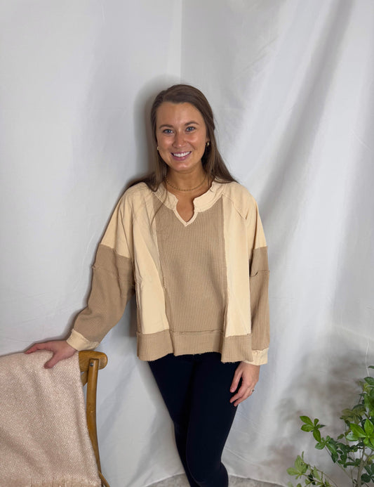 Hazel Ivory Beige Color Block Waffle Knit Pullover Sweater