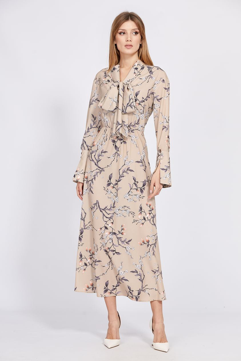 Long Sleeve Beige Floral Print Dress