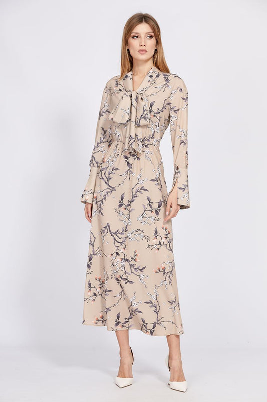 Long Sleeve Beige Floral Print Dress