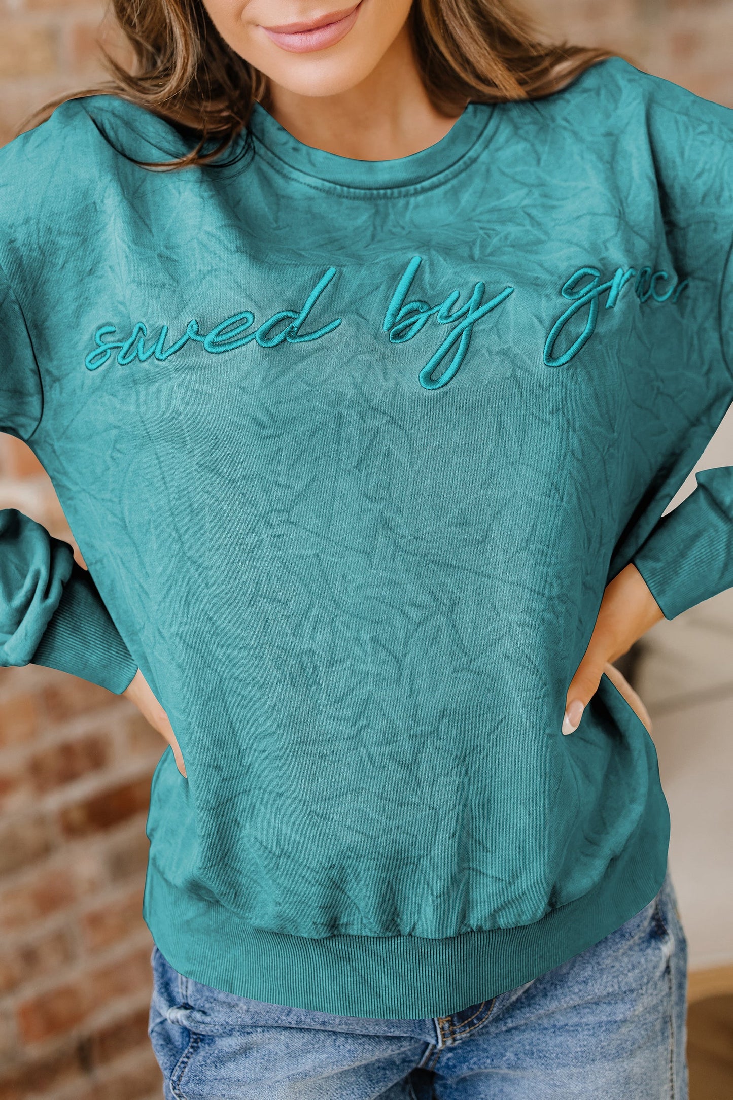 High-rise Mineral Wash Loose Sweatshirt Letter Embroidery