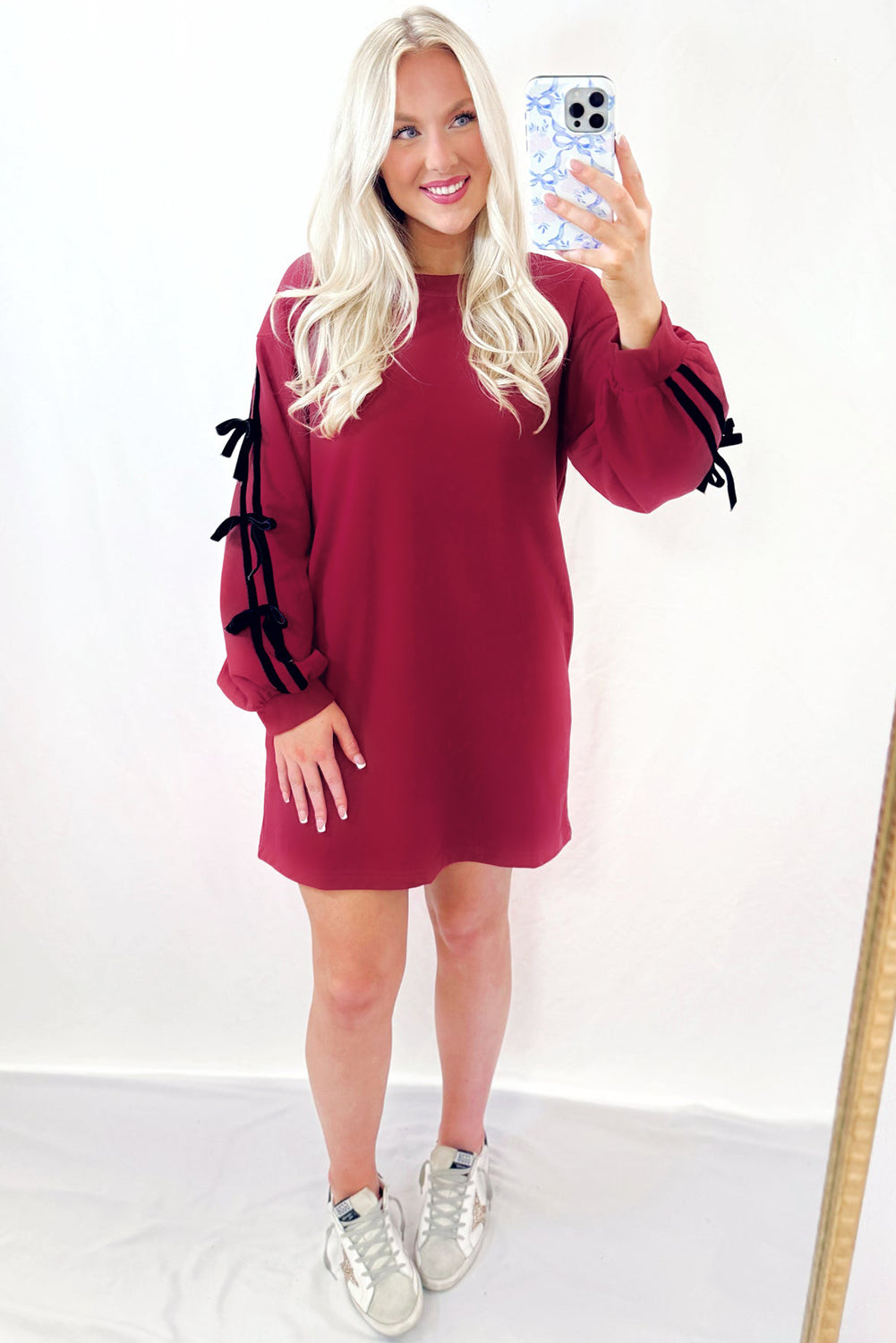 Racing Red Contrast Striped Bow Detail Sweatshirt Dress with Pockets