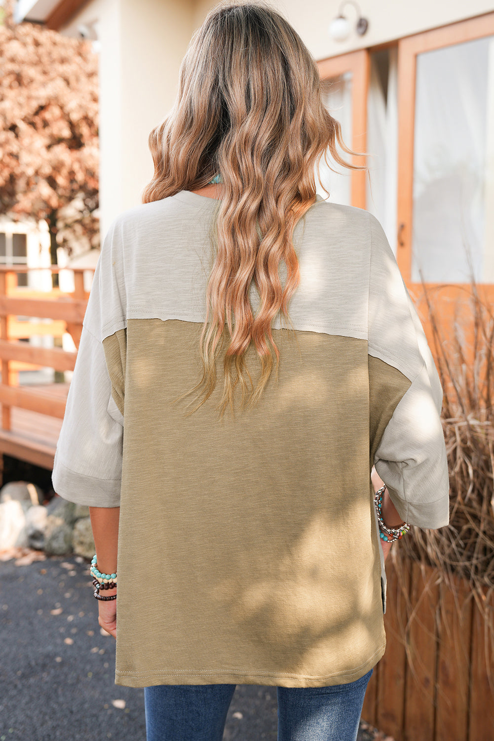 Green Flower Patched Exposed Seam 3/4 Sleeve Top