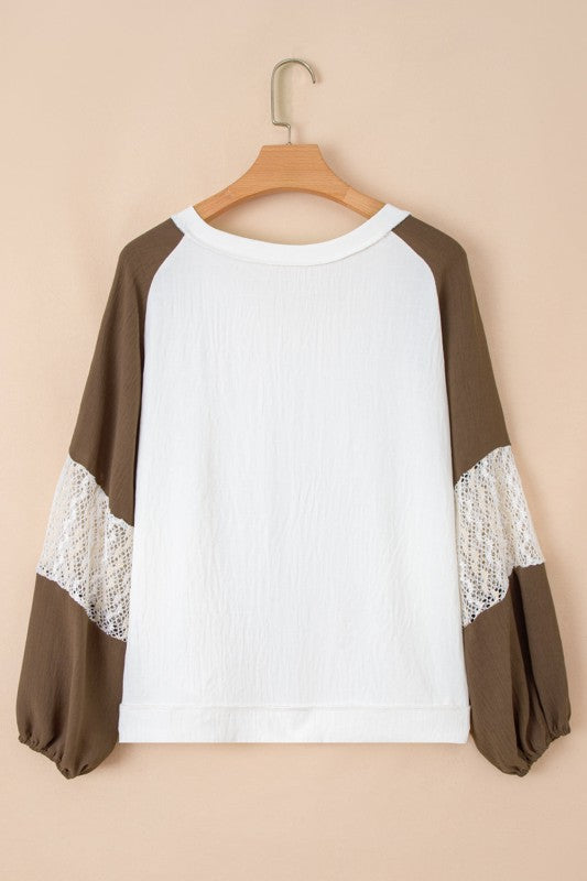 Plus Size Colorblock Lace Balloon Sleeve Top