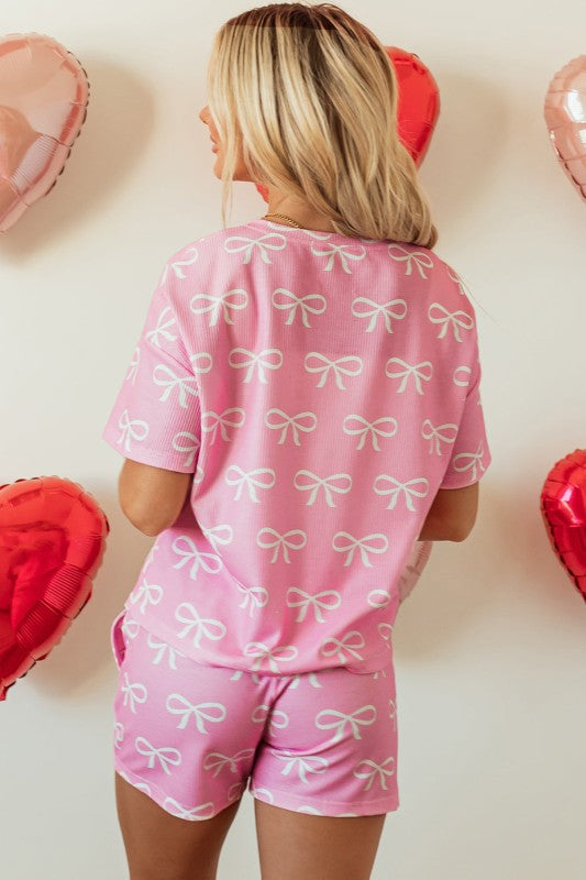 Bow Waffle Knit Lounge Set with Bowknot Detail T-Shirt and Shorts