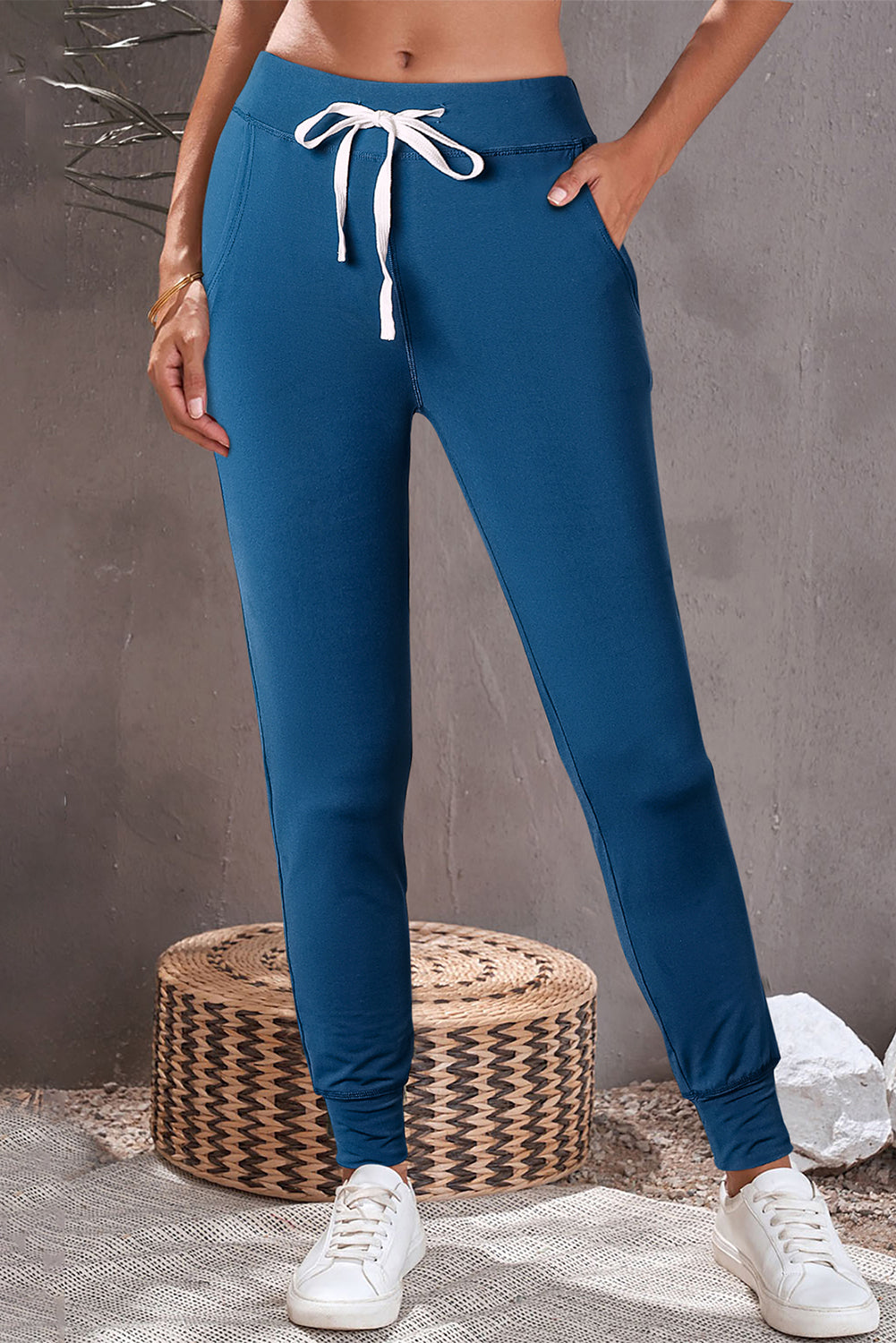 Blue Drawstring Waist Pocketed Joggers Relaxed Fit