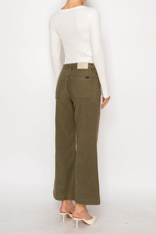 High Rise Crop Olive Color Wash Palazzo Jeans AT2113PZOV