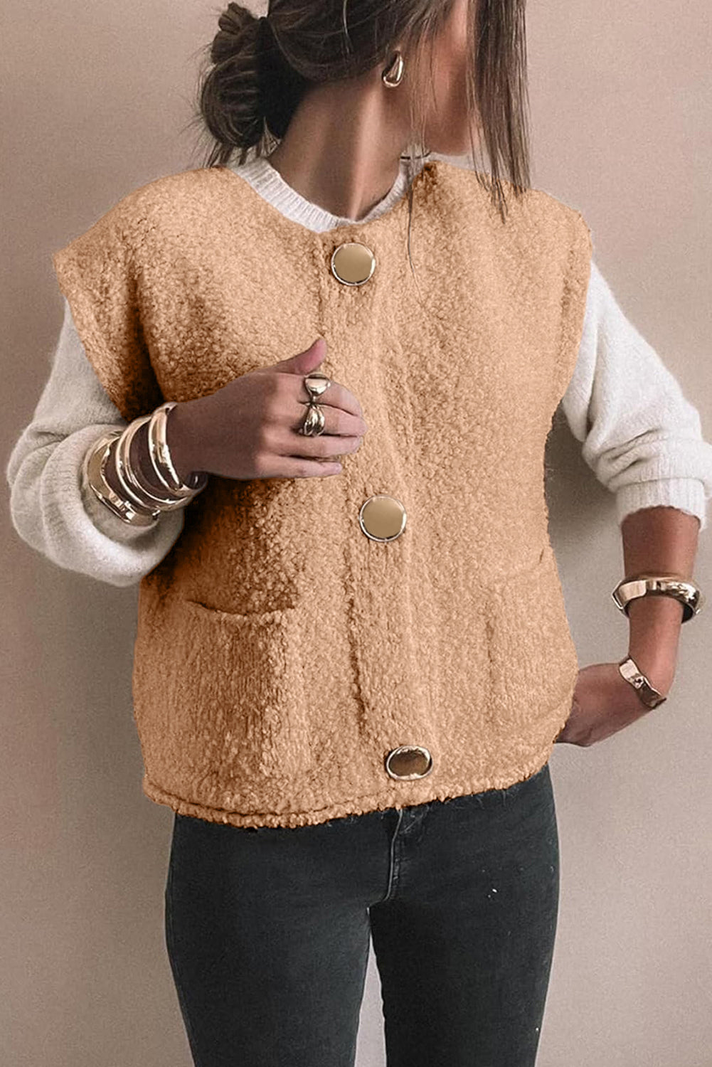 Light French Beige Fuzzy Pocket Vest Big Button Accent