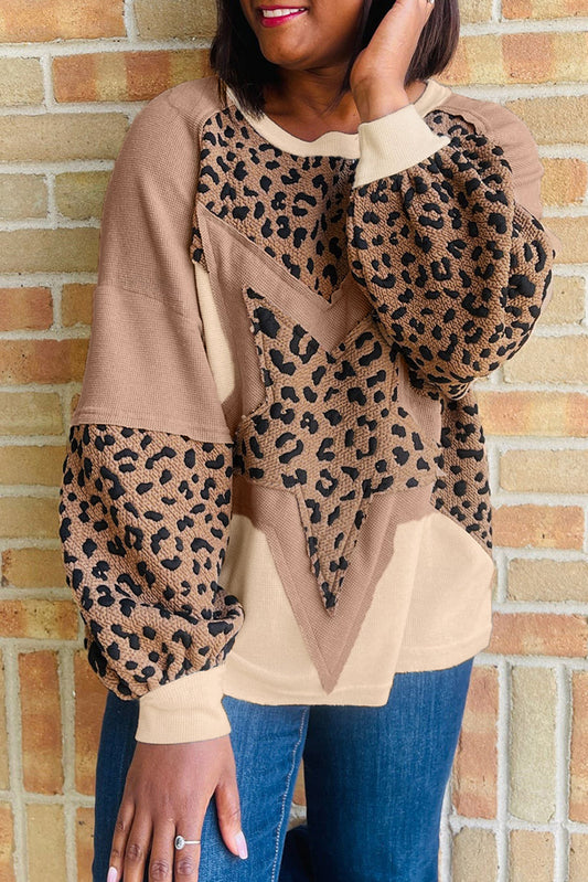 Light French Beige Leopard Star Color Block Patchwork Baggy Sweatshirt