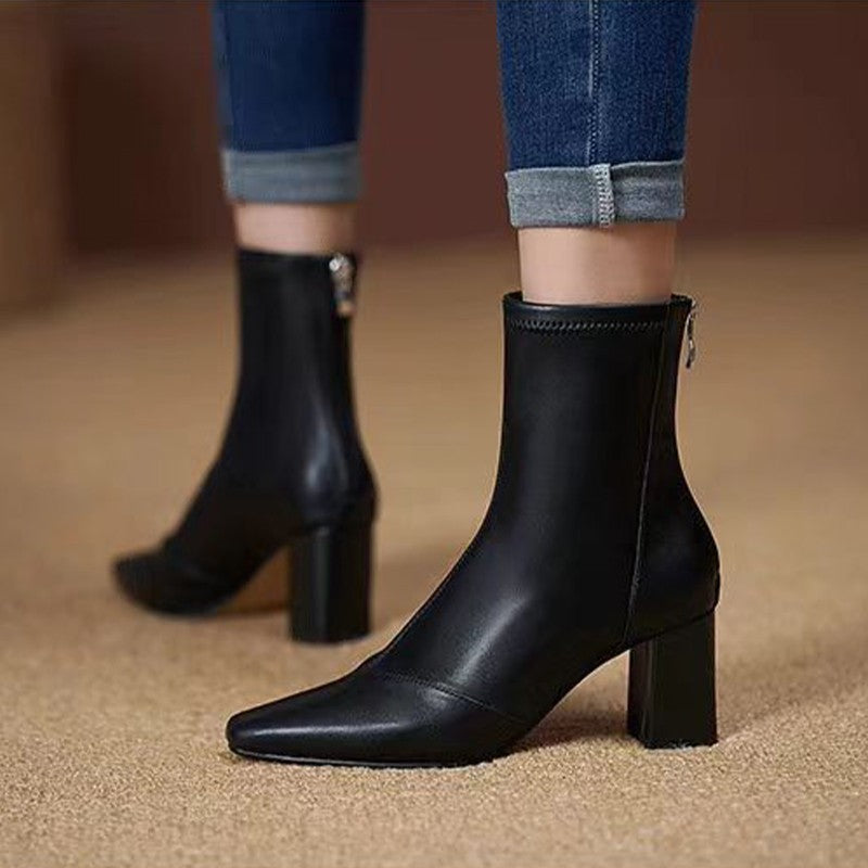 Soft Leather Velvet-Lined Zip-Back Skinny Boots Sleek Heels