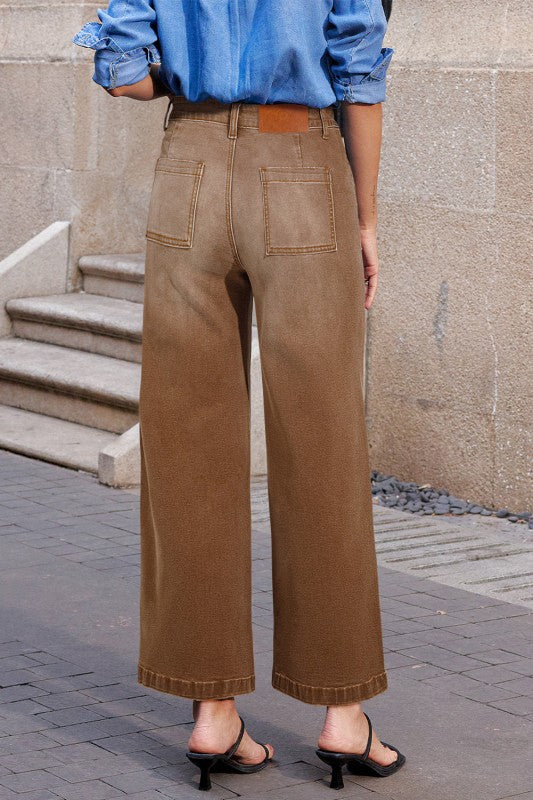 Denim High Waist Patch Pocket Straight Leg Jeans