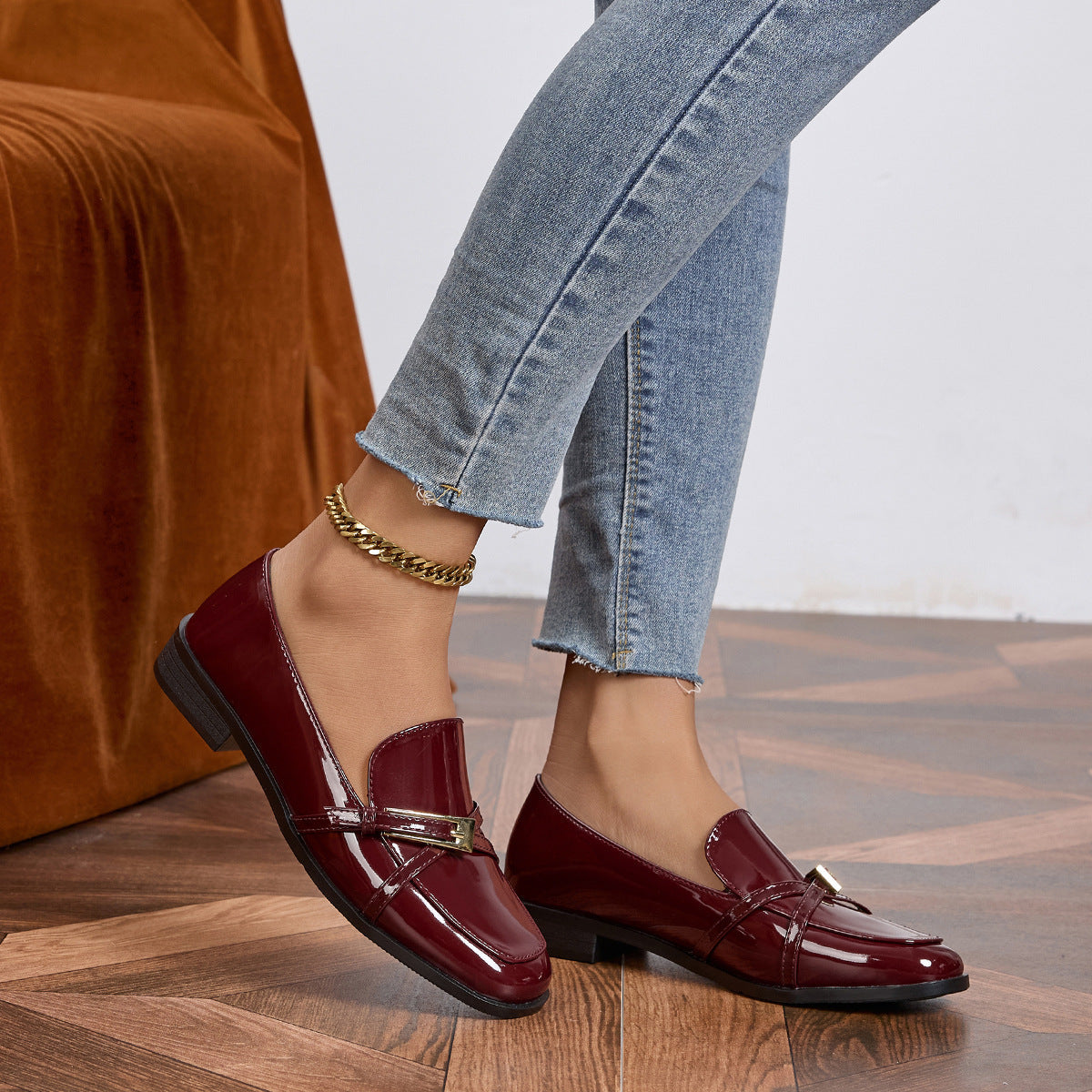 Patent Leather Low Heel Square Toe Loafers Women’s Slip-On Flats