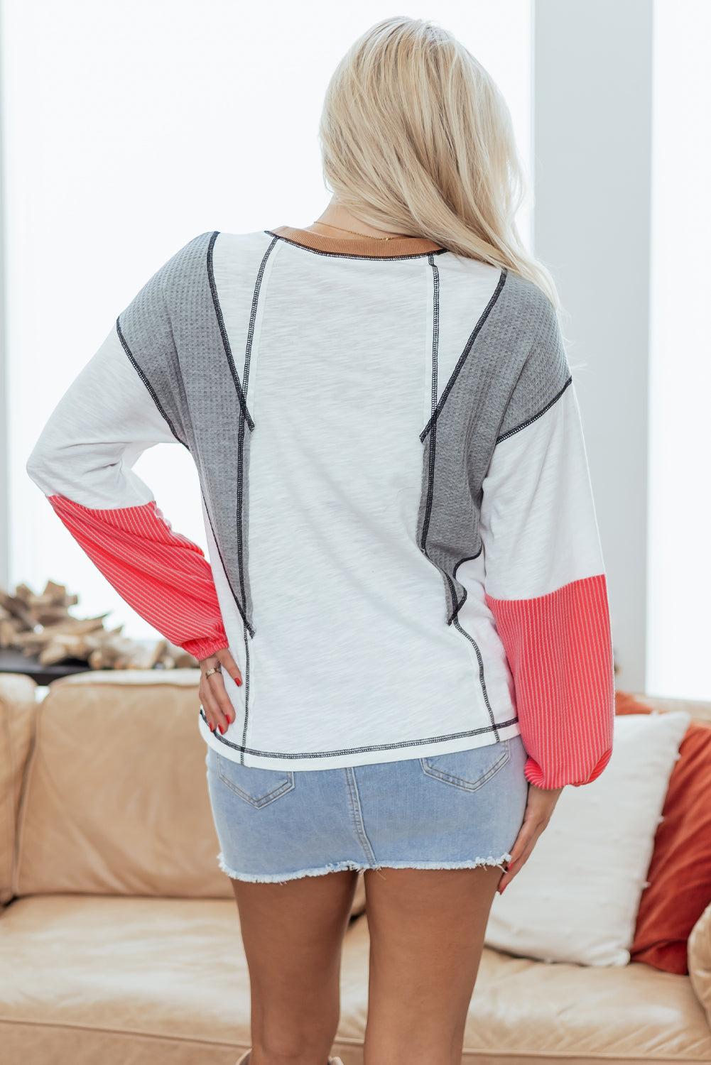 White Contrast Block Mixed Textured Knit Casual Top