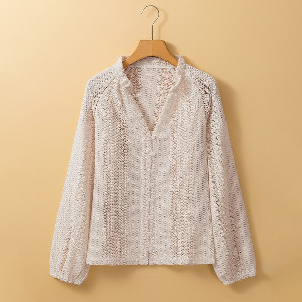 White Lace Hollow Out Puff Sleeve Button Up Shirt