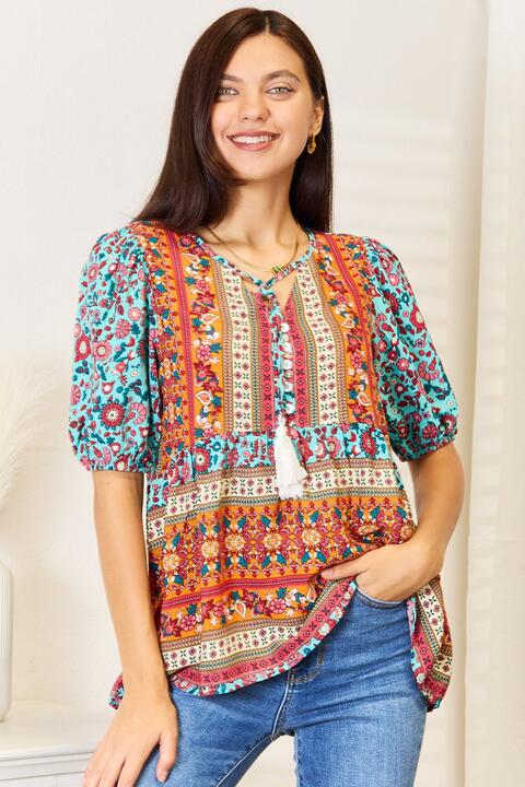 Bohemian Tassel Tie Puff Sleeve Babydoll Blouse Double Take