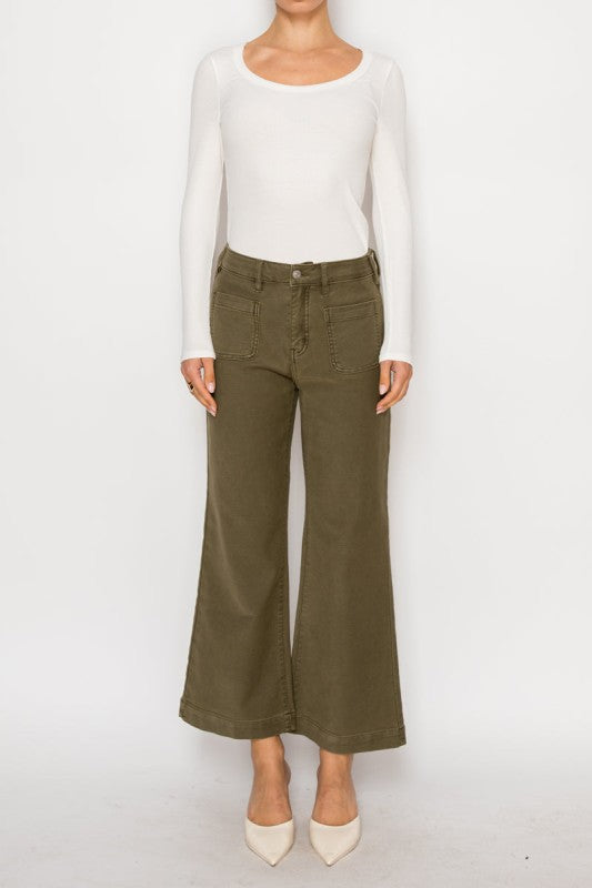 High Rise Crop Olive Color Wash Palazzo Jeans AT2113PZOV