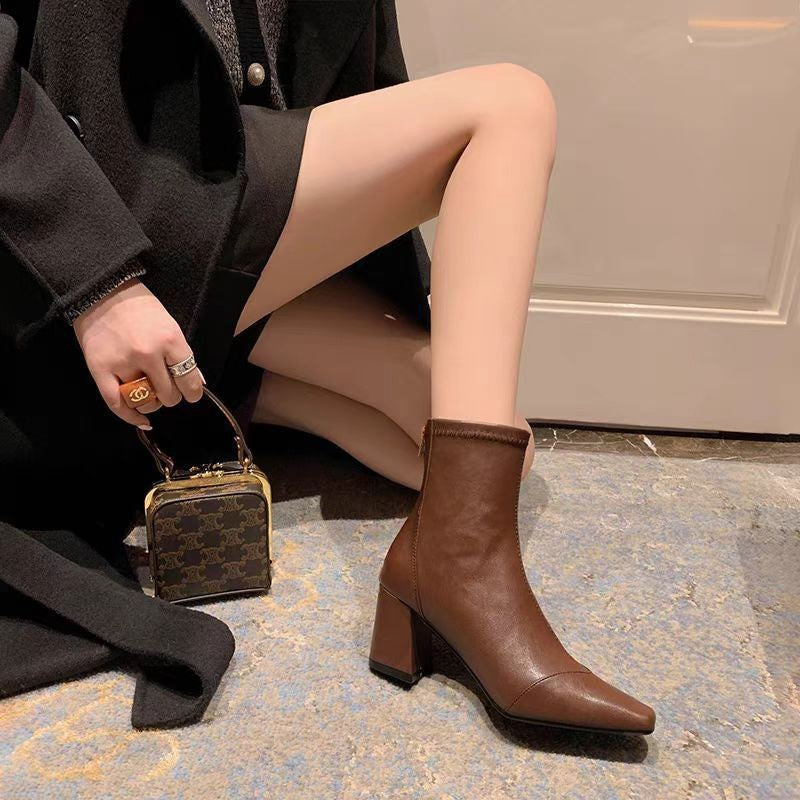 Soft Leather Velvet-Lined Zip-Back Skinny Boots Sleek Heels