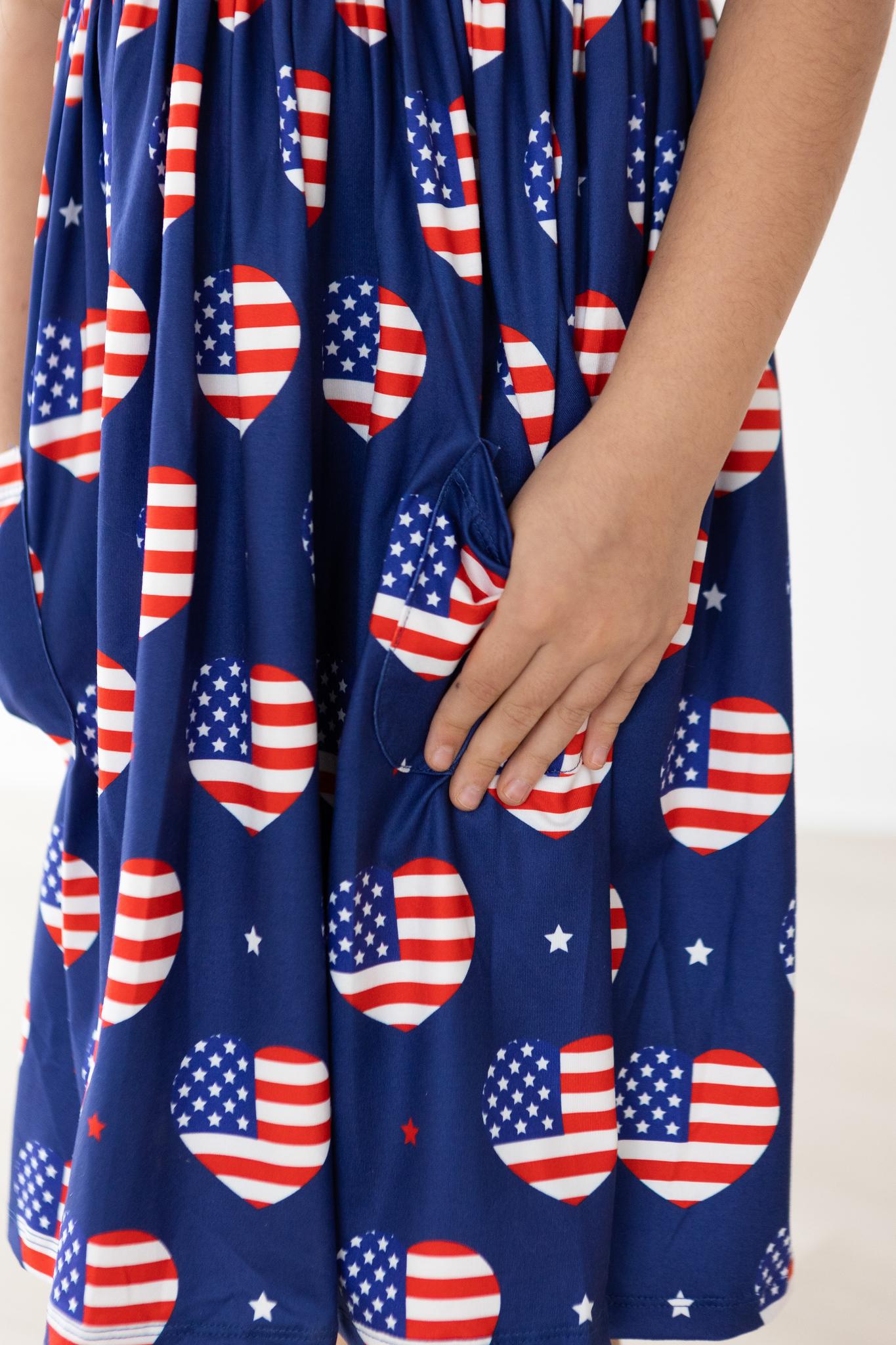 USA S/S Pocket Twirl Dress with Scoop Back and Full Skirt I Heart