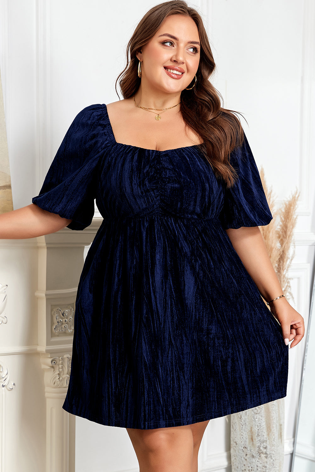 Navy Blue Velvet Ruched Bust Plus Dress with Square Neck and Short Puff Sleeve