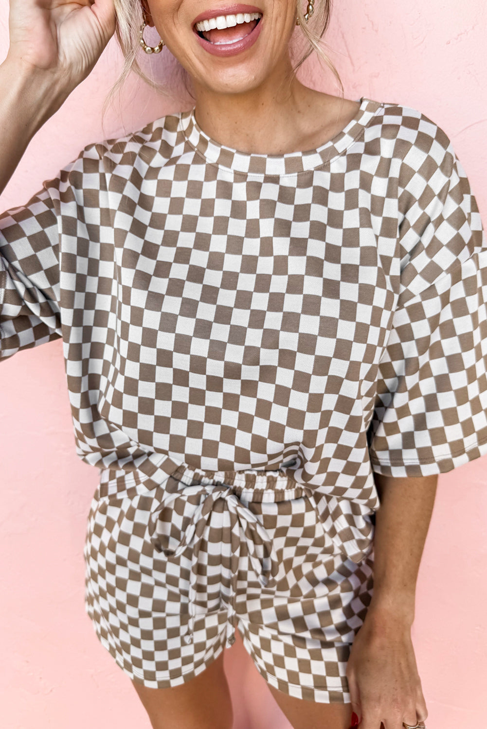 Luxury Checkered Top and Drawstring Shorts Pajama Set
