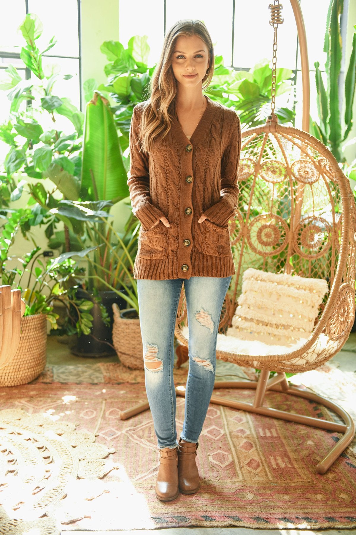 Cable Pocket Sweater Long-Sleeve Cardigan