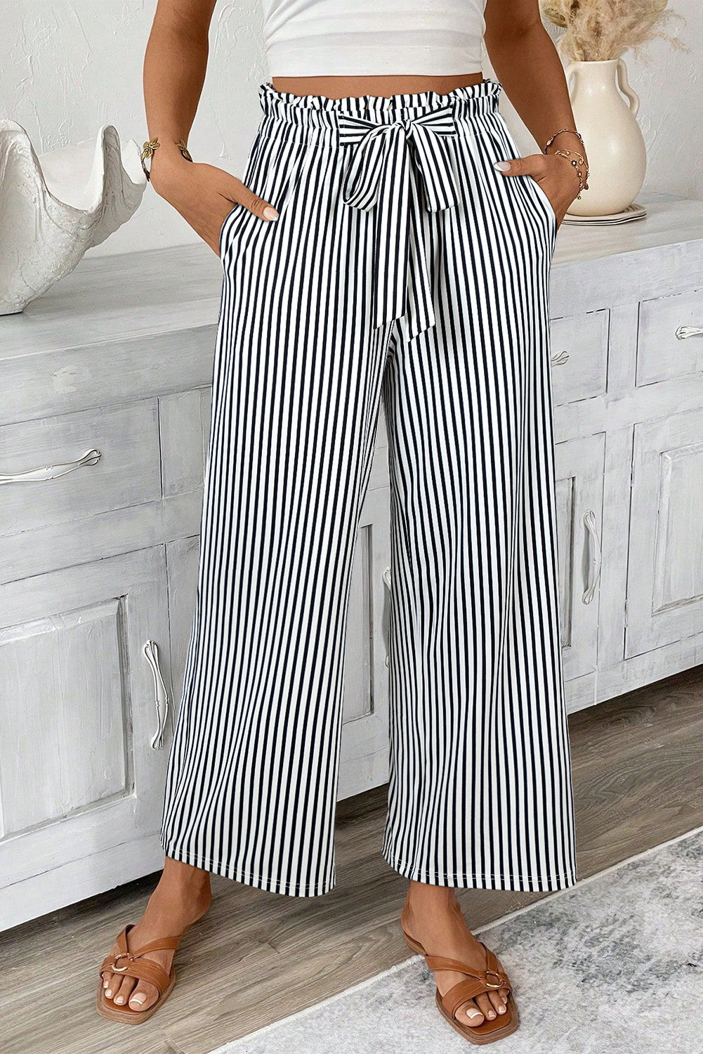 Black Striped Frill Knot Waist Decor Pants